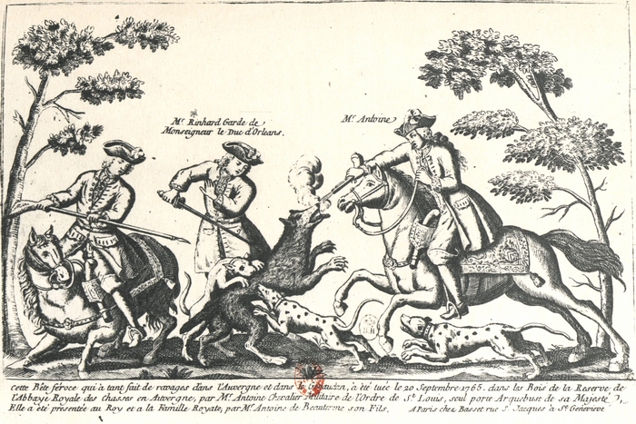 François Antoine tue un grand loup du Gévaudan avec l'aide du garde du duc d'Orléans en 1765 - BnF (Gallica)